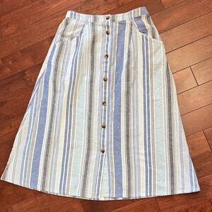 St. John's Bay Blue White Striped Cotton Linen Pockets A-Line Skirt M